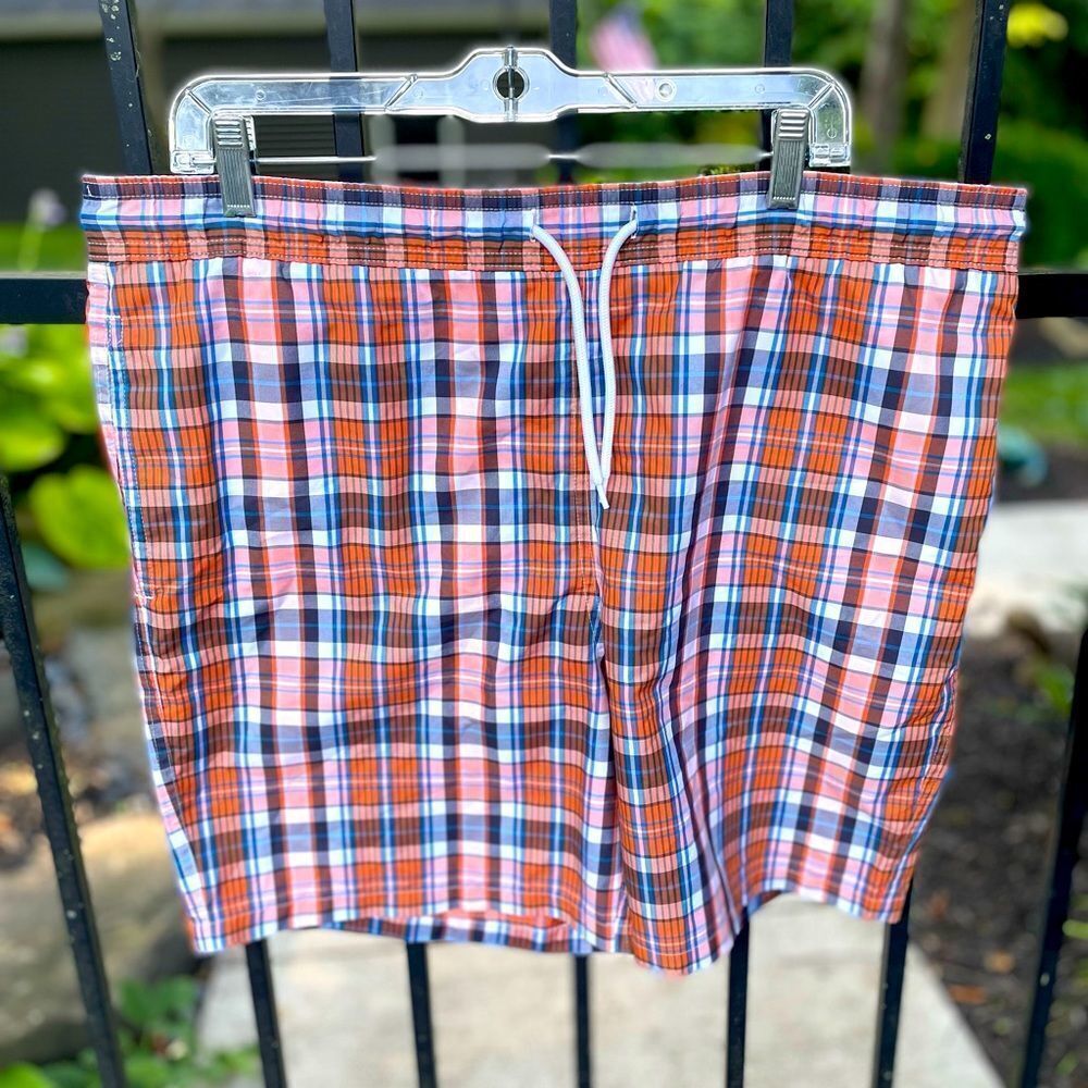 Brooks BROTHERS orange and blue plaid swim trunks